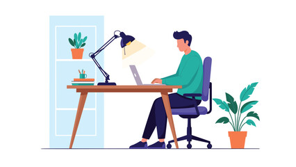 Fototapeta premium Man diligently works on a laptop at a well-lit desk, surrounded by plants, creating a productive and comfortable workspace.