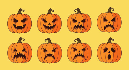 A collection of eight orange Halloween pumpkins with various carved scary, angry, and spooky faces on a yellow background, perfect for holiday designs.
