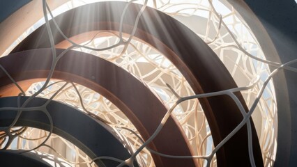 Fototapeta premium Futuristic glowing architecture with intertwined metallic and light elements illuminating interior
