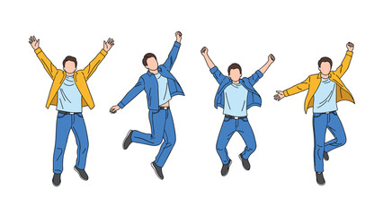 Obraz premium Four energetic variations of a man jumping in casual clothes, expressing joy, celebration, and boundless enthusiasm.