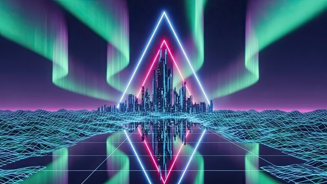Futuristic cityscape illuminated by vibrant neon lights and aurora borealis in a sci-fi digital