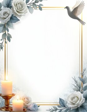 Elegant funeral frame with white roses, burning candles, flying dove. Soft floral background with gold border for memorial text. Peaceful remembrance design for sympathy cards invitations. Gentle,