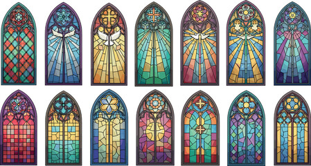 Obraz premium Colorful Stained Glass Church Window Illustrations with Saints, Crosses, and Sacred Symbols for Religious, Christian, and Spiritual Designs