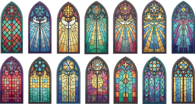 Colorful Stained Glass Church Window Illustrations with Saints, Crosses, and Sacred Symbols for Religious, Christian, and Spiritual Designs