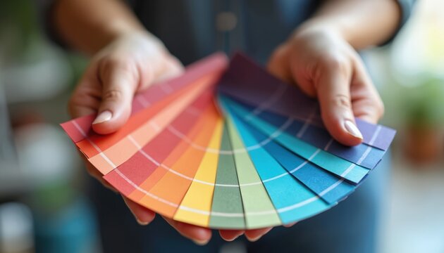 Hands hold fan of colorful paint samples. Person chooses shade for interior decor. Visual guide aids creative decision making for home renovation project.