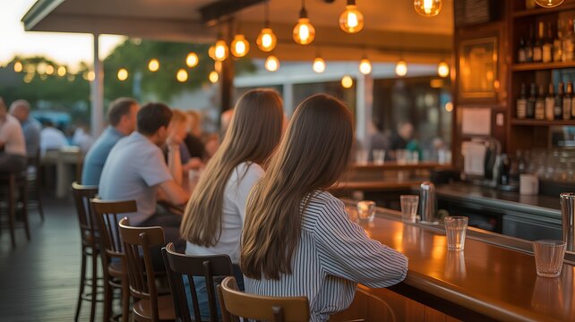 Diners at Outdoor Restaurant Bar with Warm Lighting