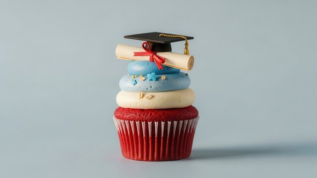 Graduation themed cupcake with red base, white and blue frosting, topped with a miniature graduation cap and diploma scroll, against a light blue background