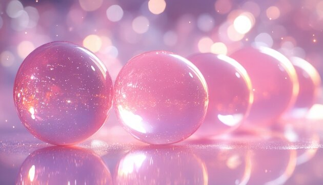 Dreamy pink bokeh spheres on reflective surface, abstract glass marbles background with soft pastel lighting