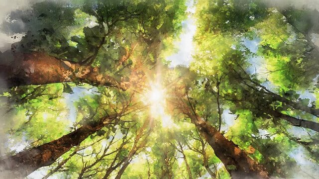 Sunlight filtering through the trees in the forest