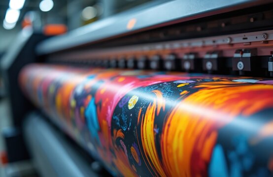 Large format digital printer creates colorful graphic on vinyl roll. High speed printing press machines apply vibrant patterns to banners, posters, wallpaper. Industrial production line.