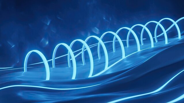 Futuristic glowing blue spiral structures illuminated against dark background with dynamic lighting
