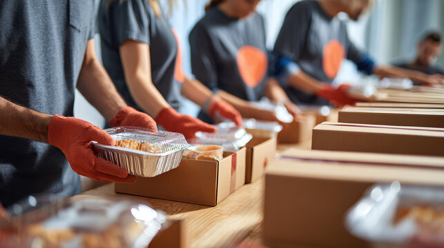 Prepared Meals for Distribution: Volunteers gather around a table, meticulously packing prepared meals into boxes, demonstrating dedication to a community initiative.