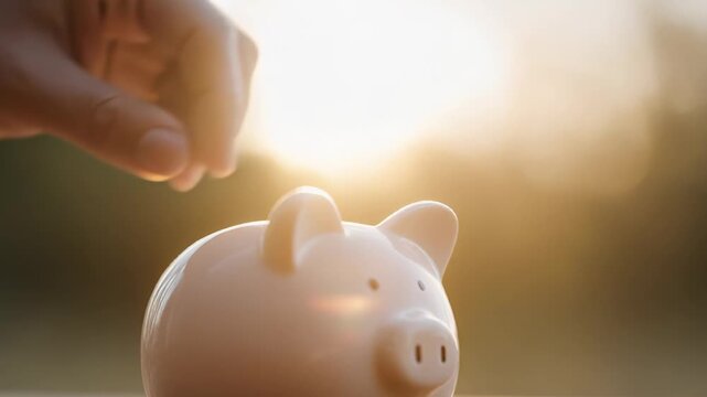 Man putting coin into piggy bank in three frames with golden sunlight. Financial savings concept.