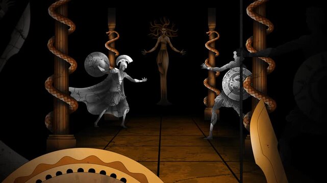 perseus entering medusa lair and turning to stone