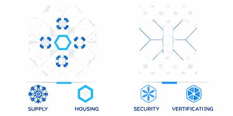 Abstract blue geometric shapes and icons on a white background