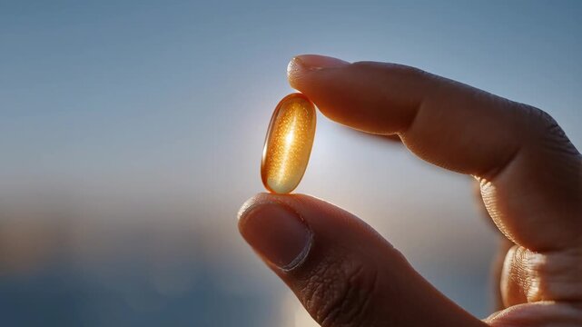 Woman holding a single golden vitamin D capsule up to the natural sunlight for health, supplement, and medicine concept.