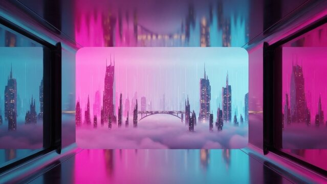 futuristic cityscape illuminated by vibrant neon lights with reflective surfaces and dynamic color