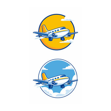Airplane logos depicted in circular frames with vibrant backgrounds, showcasing aviation themes and stylized designs.