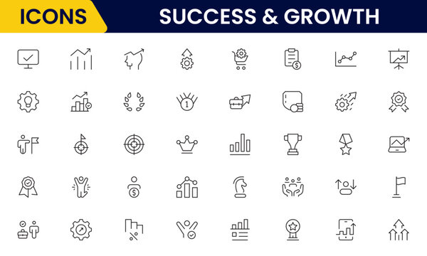 Success and growth web icons inline style. Handshake, growth profit, innovation, increase sale, coaching, progress, strategy, achievement, collection. Vector illustration.