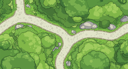 Top Down View of Green Forest Park Map Illustration with Winding Paths and Trees © technology love