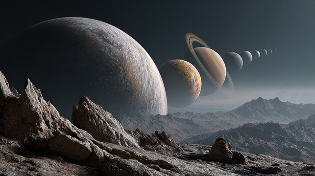 Celestial Symphony: A breathtaking cosmic panorama showcases the elegance of celestial bodies, offering an awe-inspiring vision of planetary alignment against a mysterious dark backdrop. 