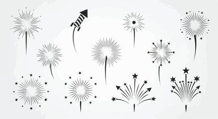 Set of black fireworks and sparkler icons. Celebration explosions vector collection. © technology love