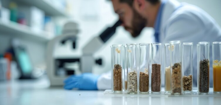 Scientist with blue gloves examines soil samples under microscope. Test tubes with granular material fill the foreground on a lab bench. Researcher studies earth components in a bright laboratory.