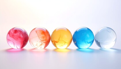 Five transparent spheres with colorful swirls on a light surface