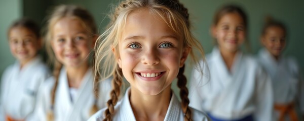 Fototapeta premium Young girls in karate uniforms smile. They stand together indoors ready for class. They possess confidence and discipline for martial arts training.