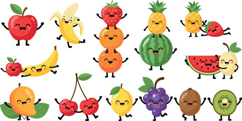 Fototapeta premium Cute fruit characters with happy faces, playful smiling cartoon fruits set, healthy food mascots, colorful flat vector illustration for kids and nutrition designs