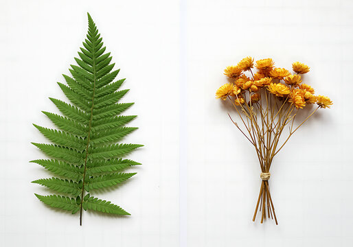 A green fern frond and a cluster of yellow flowers side by side on a white background.