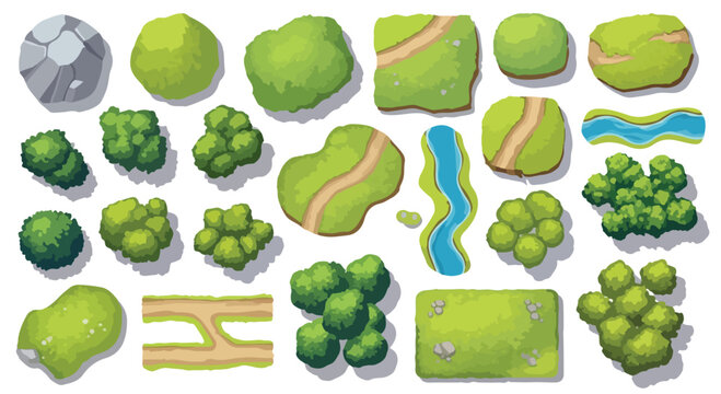 Top Down View Map Elements Vector Illustration Set with Trees, Bushes, Rocks, Paths, and Rivers