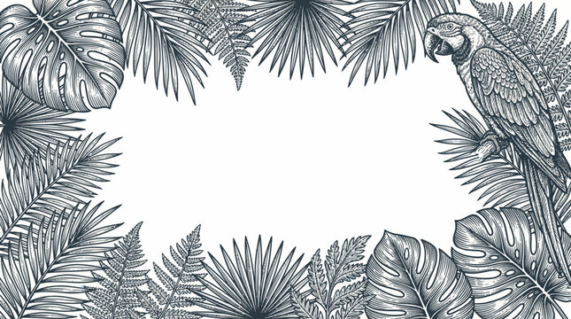 Vintage Tropical Border with Macaw Parrot and Exotic Palm Leaves, Botanical Jungle Frame Vector Illustration in Engraving Style