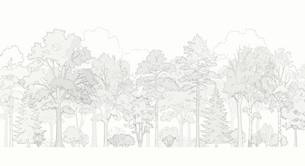 Minimalist Forest Tree Line Art Illustration, Panoramic Woodland Sketch Border, Vector Nature Background Isolated on White © Dileesha