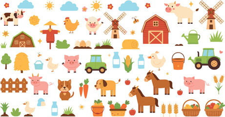 Obraz premium Cute Kawaii Farm Animals Illustration Set with Barn, Tractor, Cow, Pig, Horse, Chicken, Vegetables, Crops, and Rural Countryside Elements