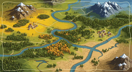 Stylized Fantasy World Map Illustration with Mountains, Rivers, Forests, and Villages © technology love