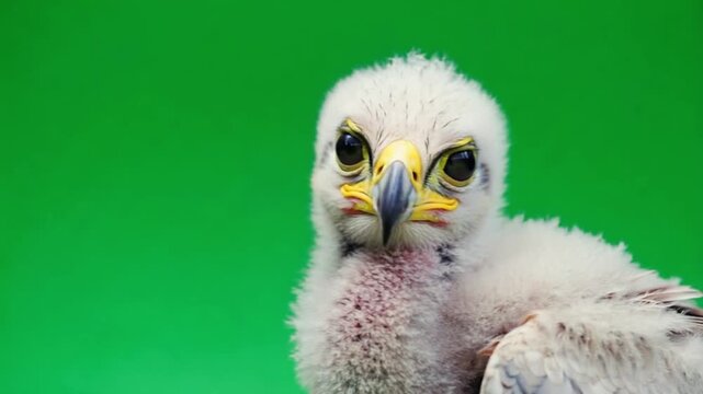 Adorable Baby Eagle Chick Close-up Looking Around on Green Screen, Showing Innocent Curiosity of Young Wildlife