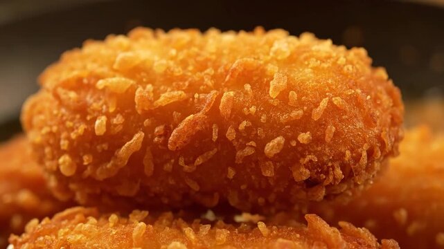 Extreme close-up of crispy, golden-brown deep-fried food, showcasing the highly textured panko breadcrumb coating of a savory croquette or snack.