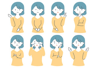 シンプルな女性イラスト　セット　表情バリエーション