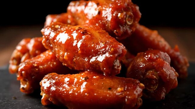 Stack of Glossy Hot Buffalo Chicken Wings Glazed with Red Sauce on a Dark Background, Delicious Appetizer or Pub Snack Ready to Eat