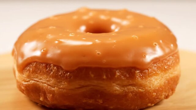 Delicious Close-up of a Freshly Glazed Doughnut or Cronut with Thick Caramel or Toffee Icing Resting on a Rustic Wooden Surface for Dessert Advertising.