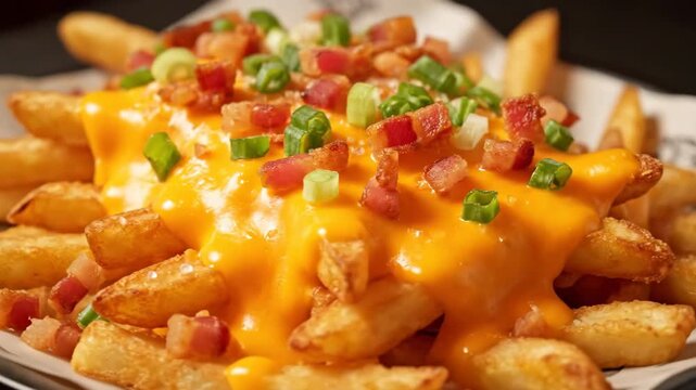 Close-up of Irresistible Loaded French Fries Smothered in Gooey Cheese Sauce, Topped with Crispy Bacon Bits and Fresh Green Onions