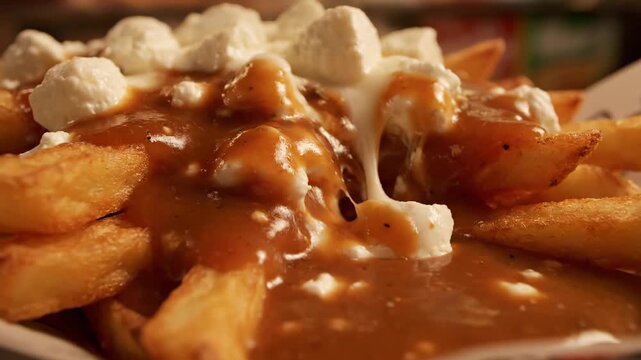 Close-up view of traditional Canadian poutine dish, featuring thick-cut golden french fries covered in savory brown gravy and fresh white cheese curds, popular comfort food.