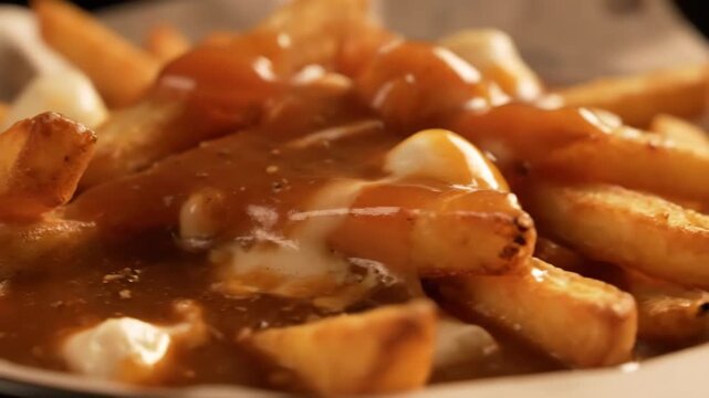 Extreme Close-up of Poutine: Golden French Fries Smothered in Rich Brown Gravy and Melting White Cheese Curds, Classic Canadian Comfort Food Dish.