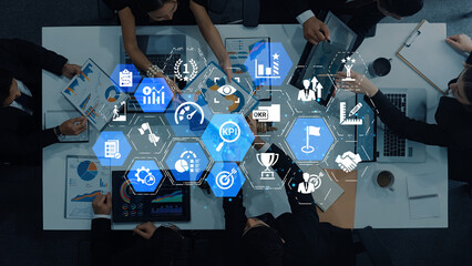 KPI icons show performance metrics, goals, and achievement measurement. KPI helps business track progress, KPI supports management, and KPI improves strategy results. Entice