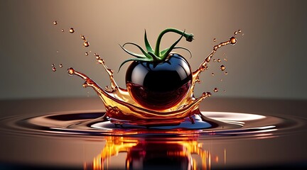 A dark cherry fruit splashing into a reflective liquid surface with dynamic water droplets