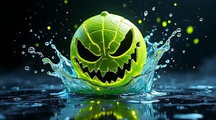 Creepy jack-o'-lantern tennis ball emerging from water with splashes