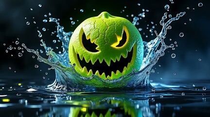 Creepy jack o lantern made from a green apple emerging from water with a menacing expression