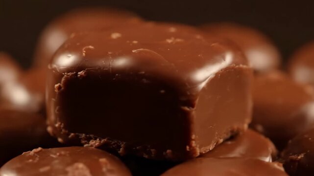Macro shot of rich, glossy milk chocolate candies stacked together, highlighting the smooth, decadent confectionery texture and luxurious sweet indulgence.