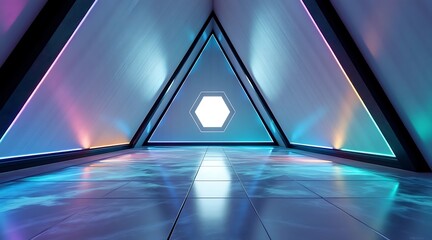 A futuristic corridor with a glowing hexagonal light at its center and vibrant reflections